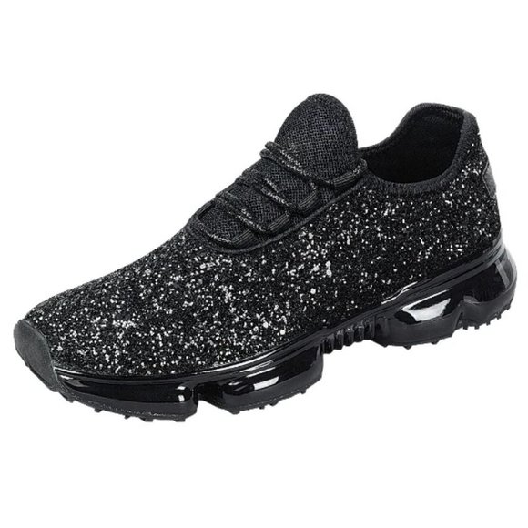 New Black Glitter Knit Lace Clear Bubble Sneakers - Picture 1 of 4